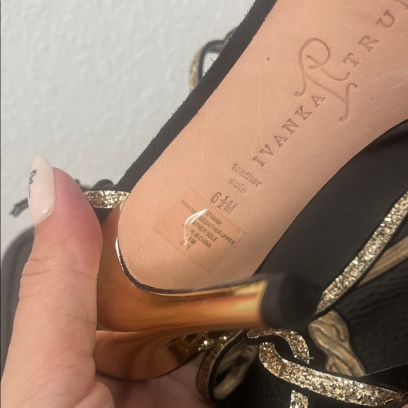 IVANKA TRUMP Black and Gold Strappy Heeled Sandals - Picture 6 of 6